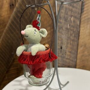 Vintage Inspired Christmas Cloth Mouse in Glass Jar ornament shelf sitter